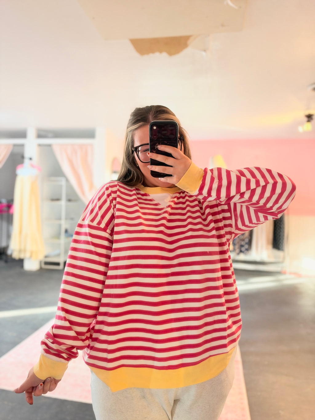 Plus Striped Rib Banded Long Sleeve Pullover