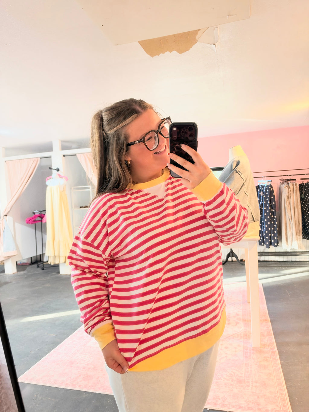 Plus Striped Rib Banded Long Sleeve Pullover