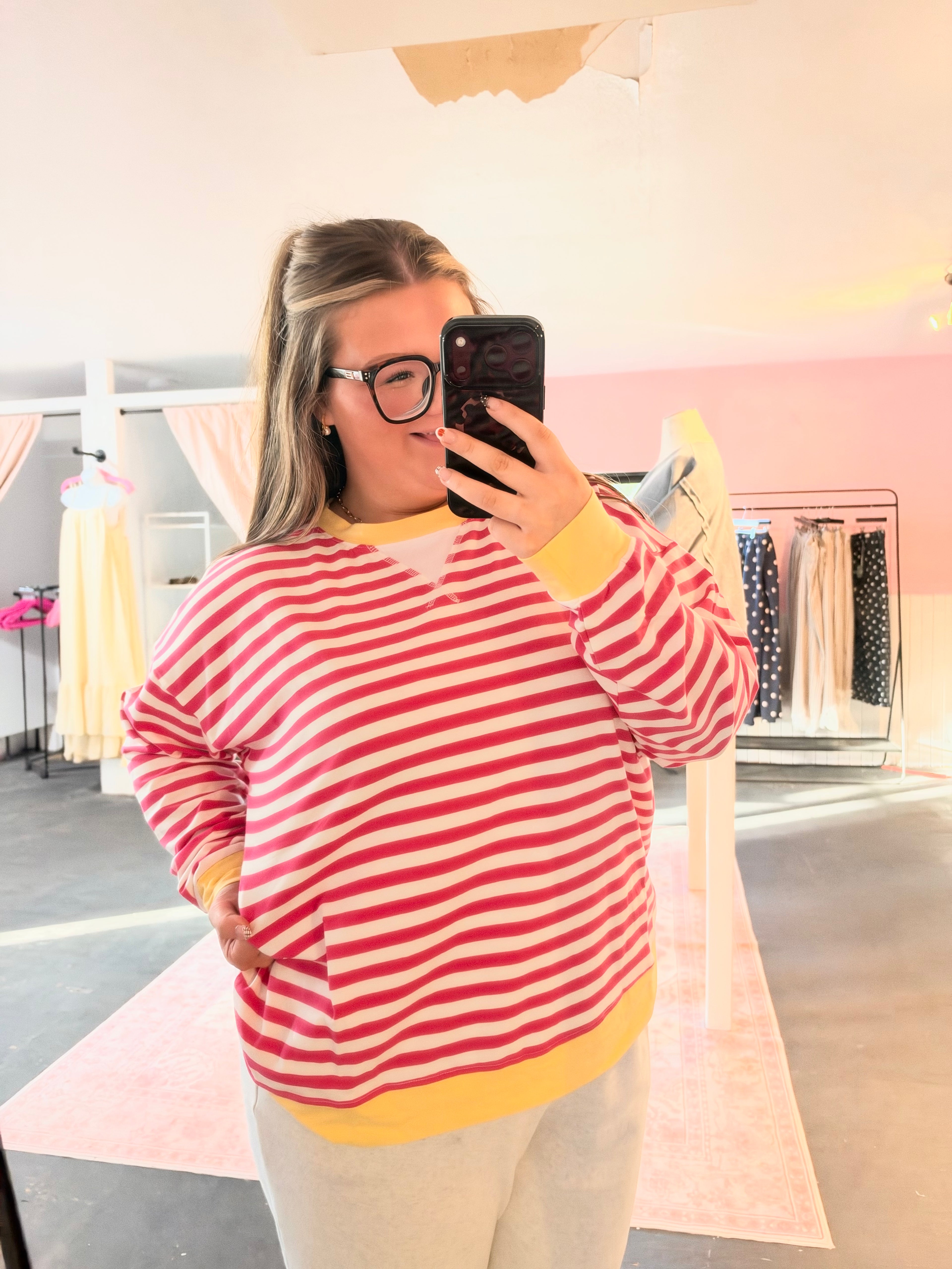 Plus Striped Rib Banded Long Sleeve Pullover