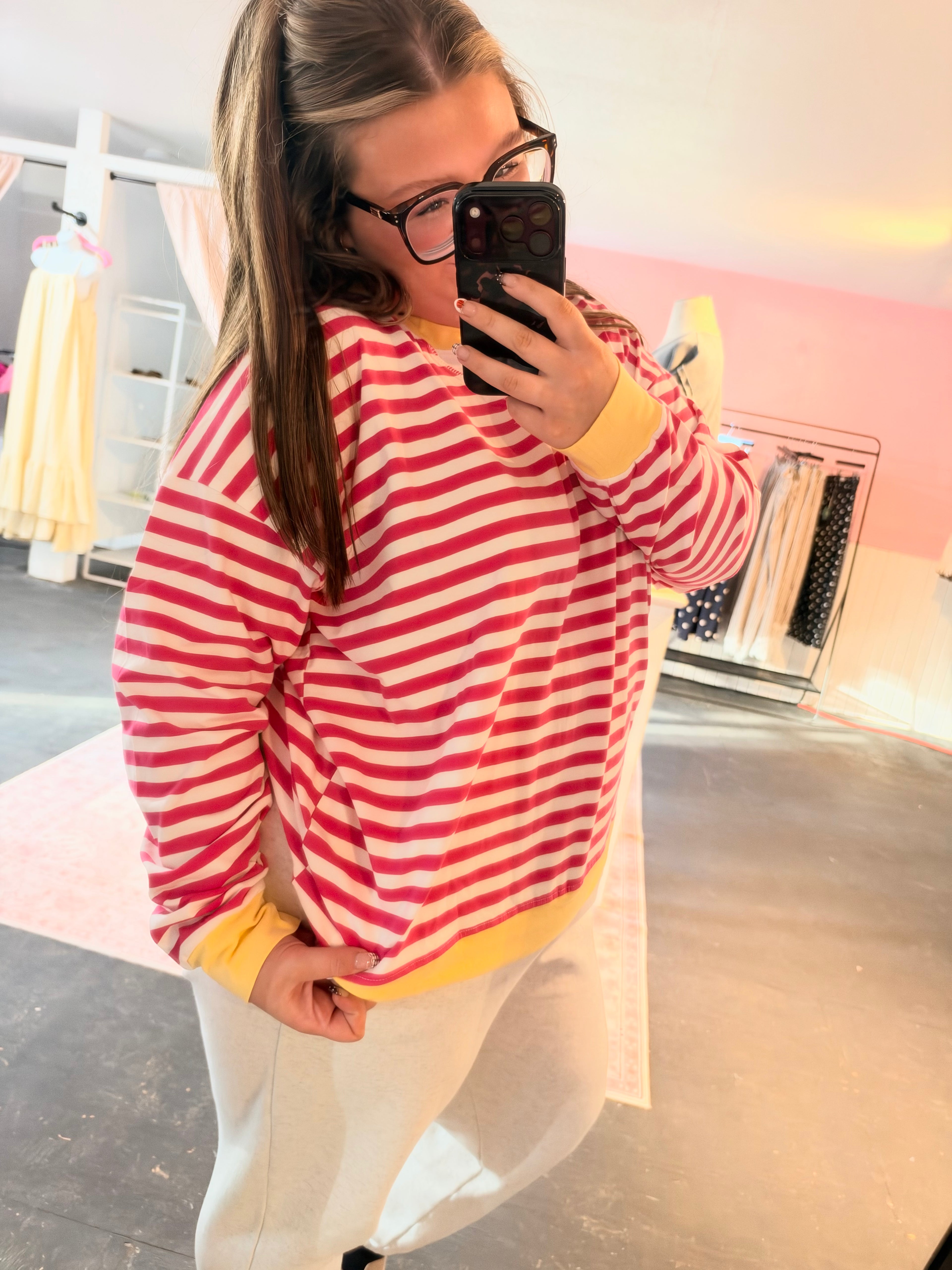 Plus Striped Rib Banded Long Sleeve Pullover