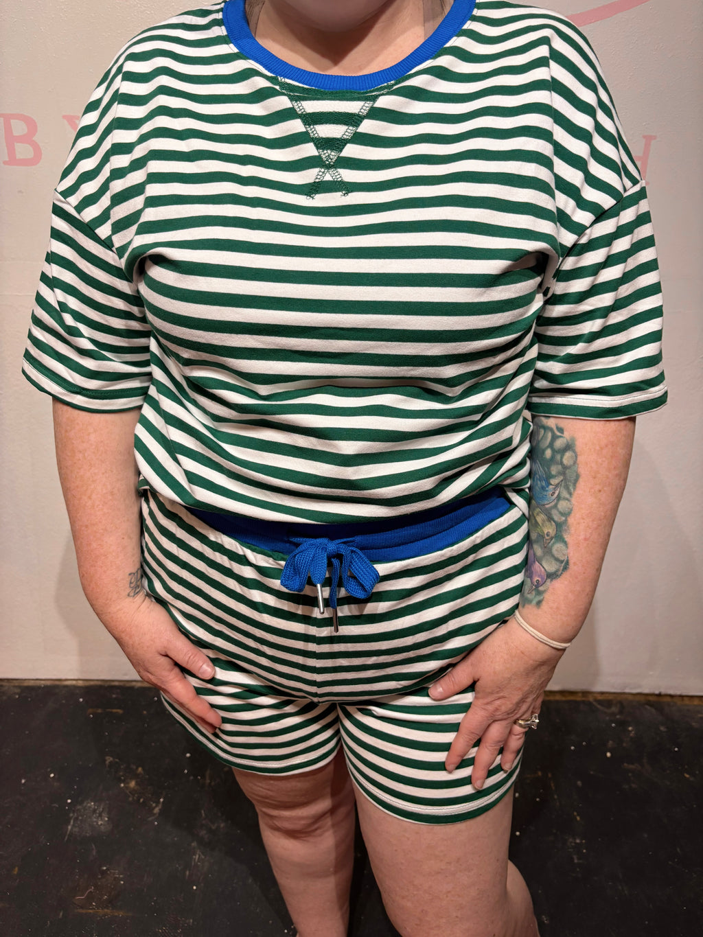Stripe Contrast Trim Boxy Terry Short Set