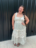 PLUS FLORAL COLORBLOCK RUFFLED TIERED MIDI DRESS