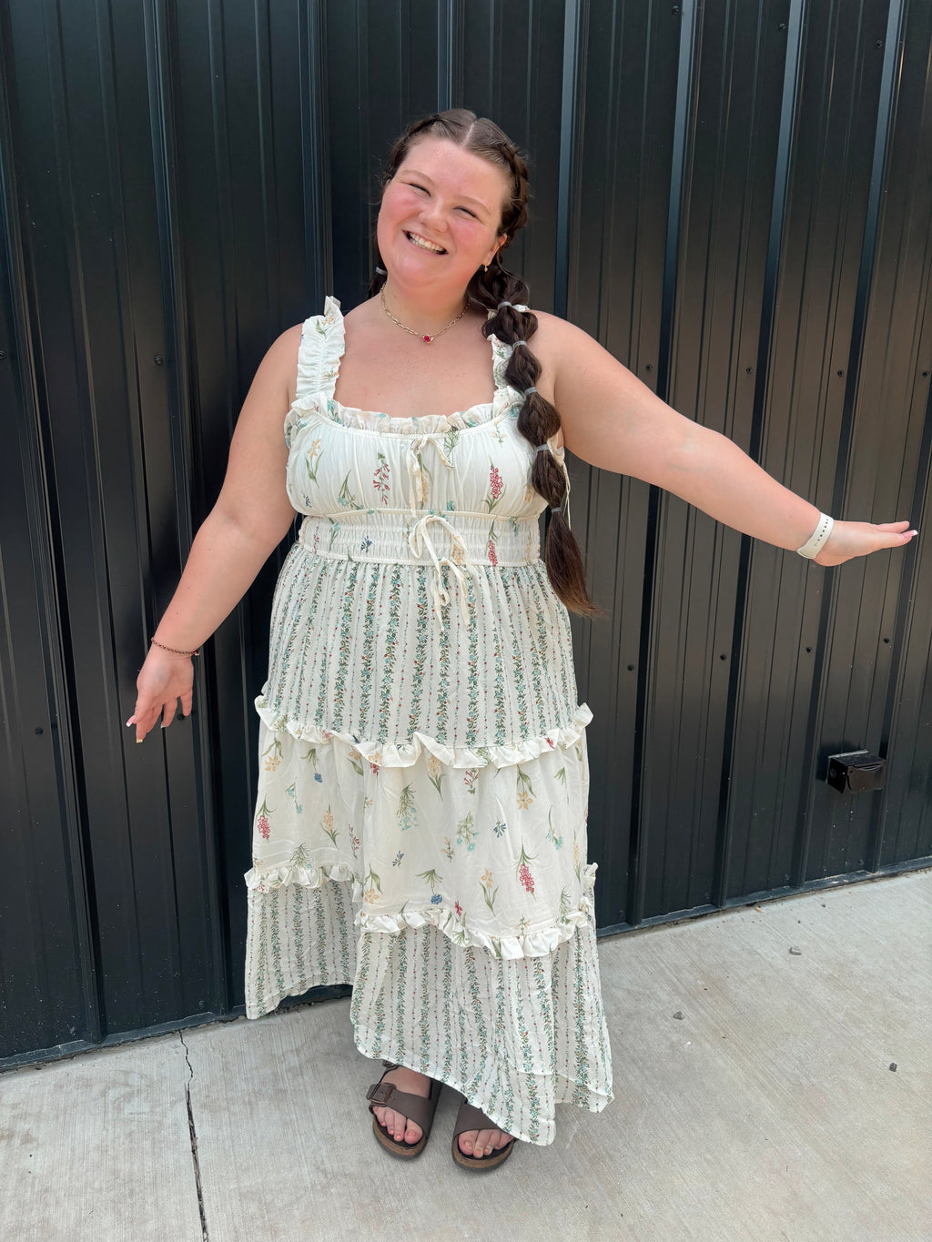 PLUS FLORAL COLORBLOCK RUFFLED TIERED MIDI DRESS