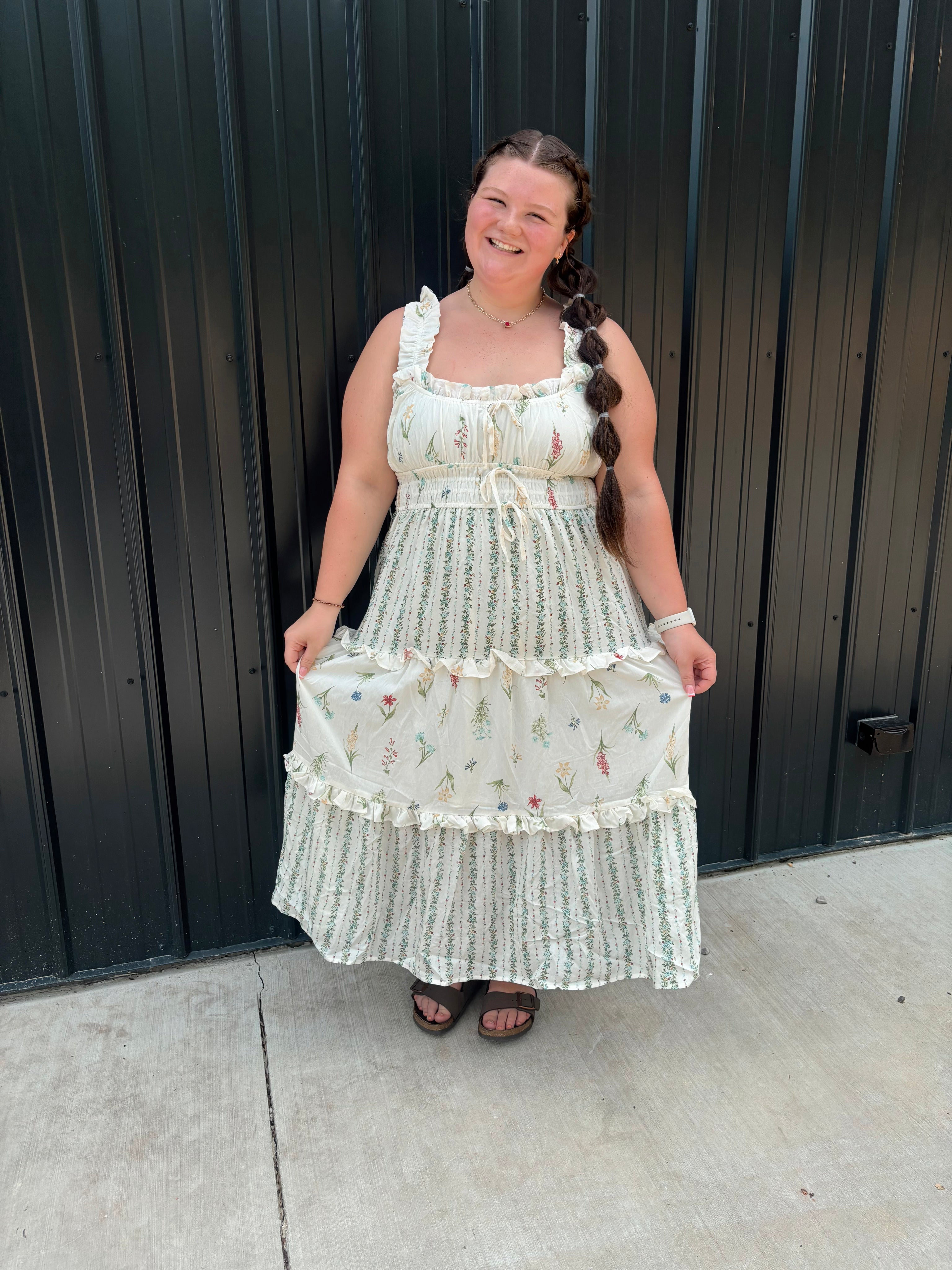 PLUS FLORAL COLORBLOCK RUFFLED TIERED MIDI DRESS