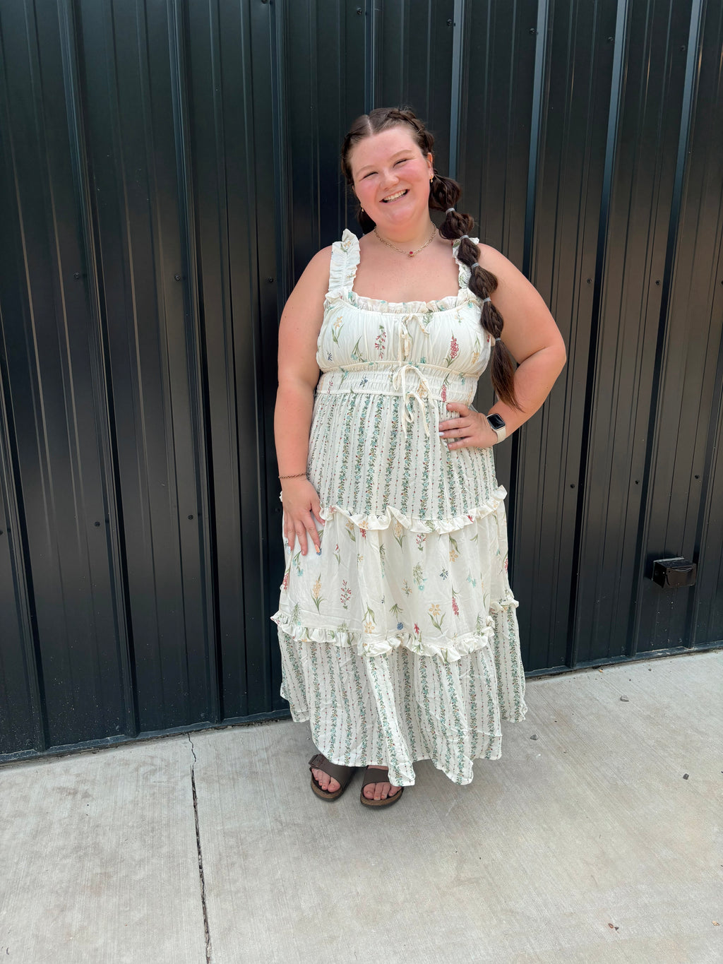PLUS FLORAL COLORBLOCK RUFFLED TIERED MIDI DRESS