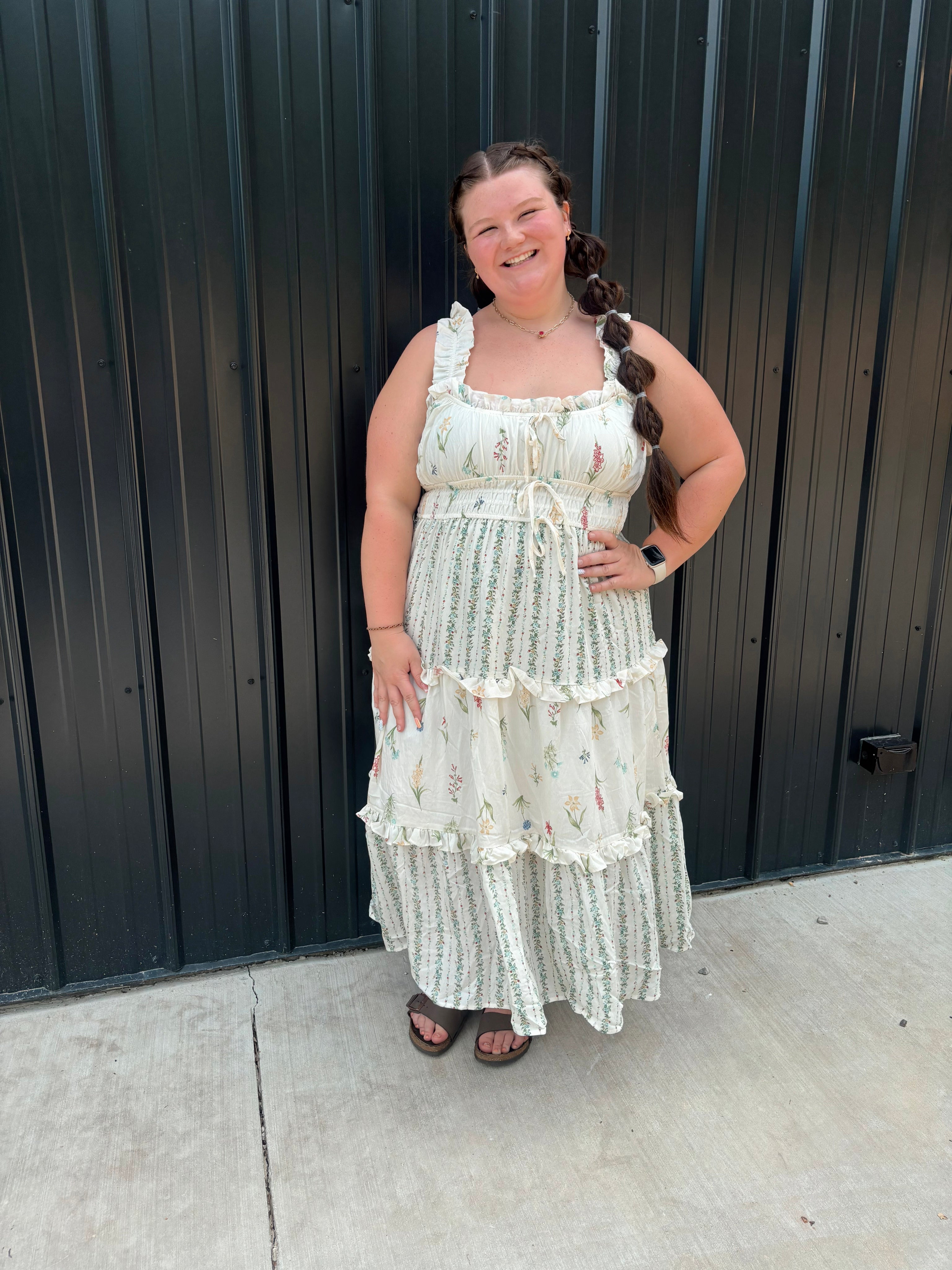 PLUS FLORAL COLORBLOCK RUFFLED TIERED MIDI DRESS