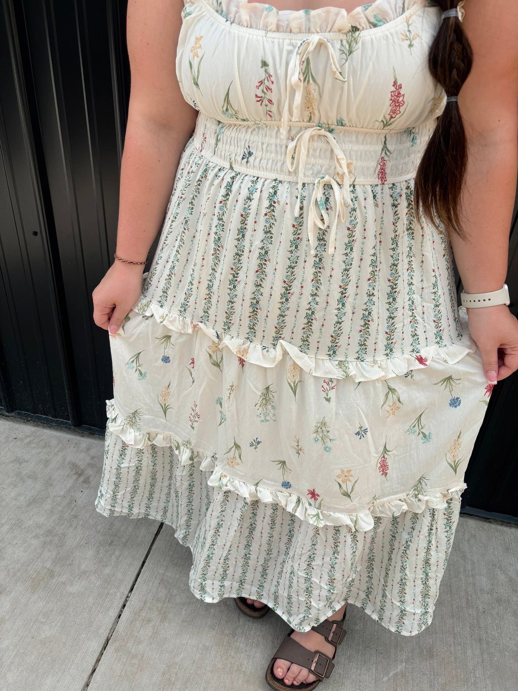 PLUS FLORAL COLORBLOCK RUFFLED TIERED MIDI DRESS