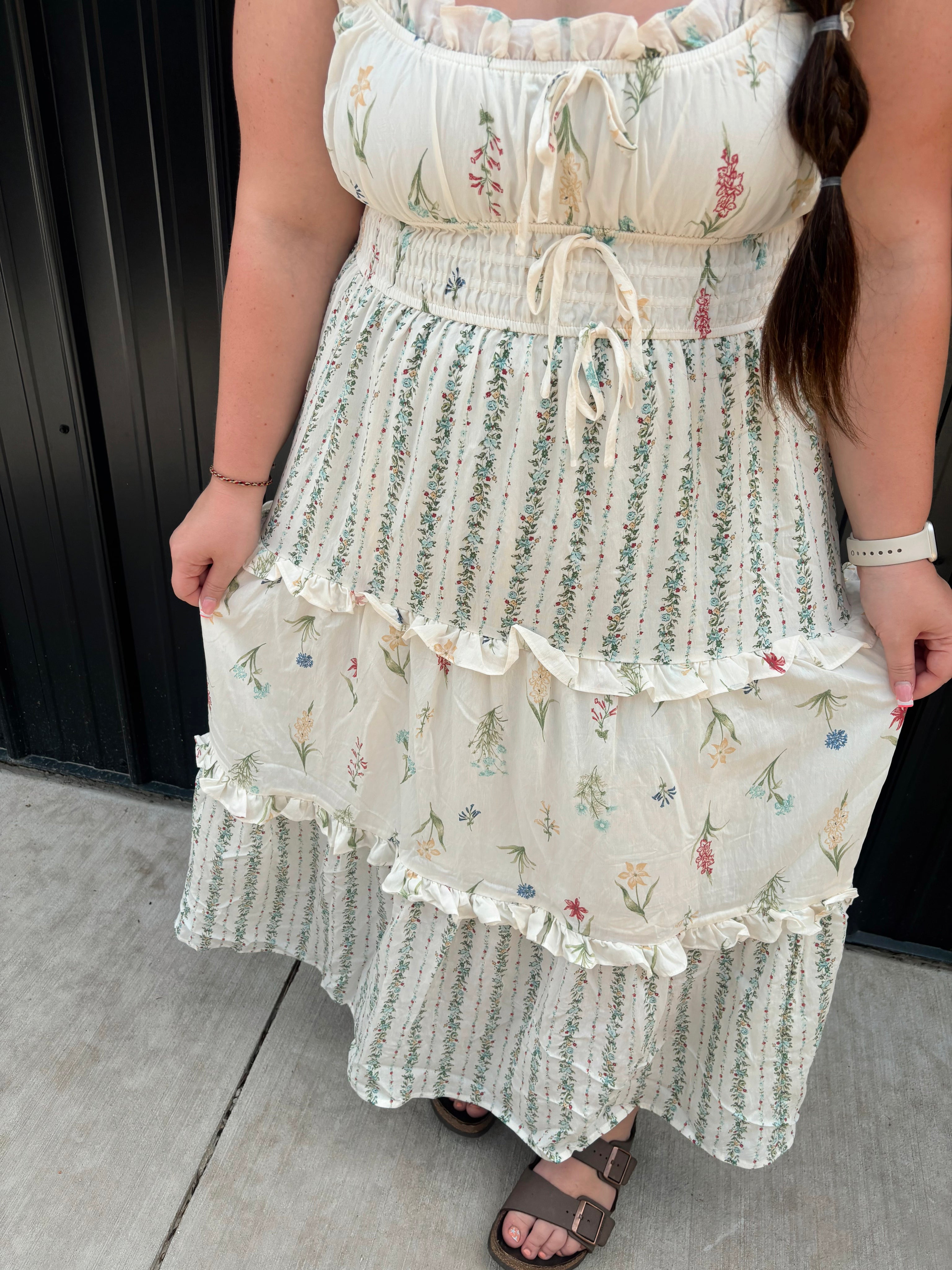 PLUS FLORAL COLORBLOCK RUFFLED TIERED MIDI DRESS
