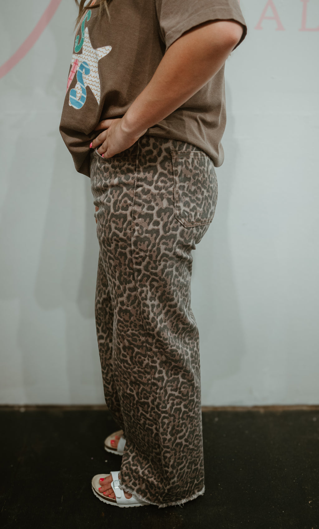Brown Leopard Frayed Edge Wide Leg Jeans