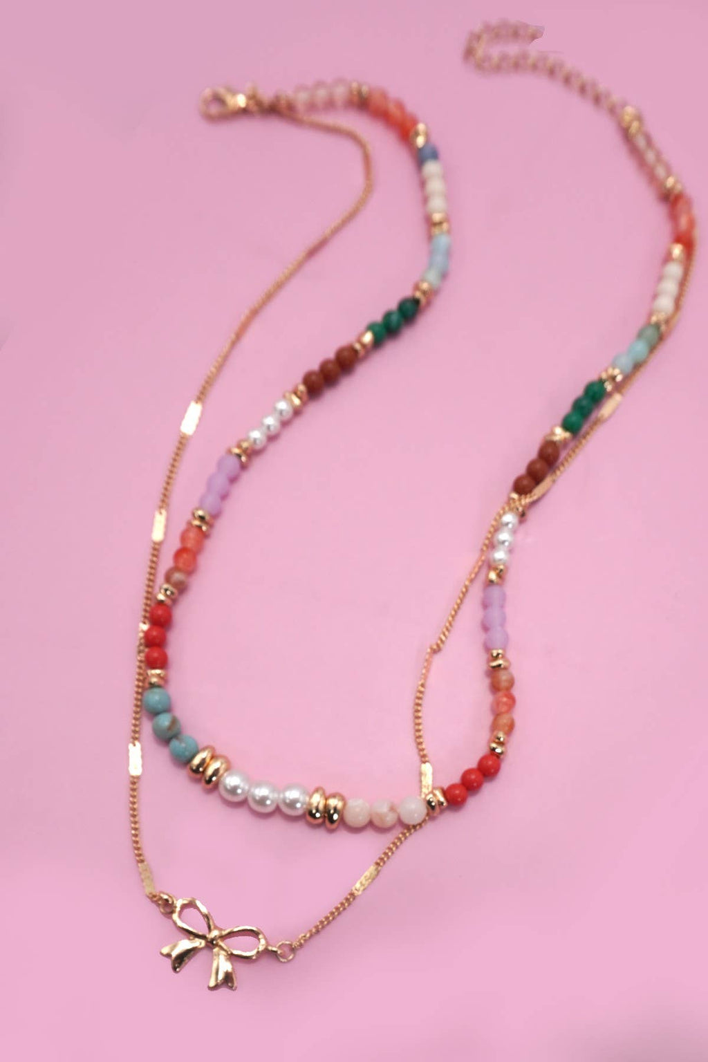 MULTI BEADED BOW CHARM DOUBLE LAYER NECKLACE |