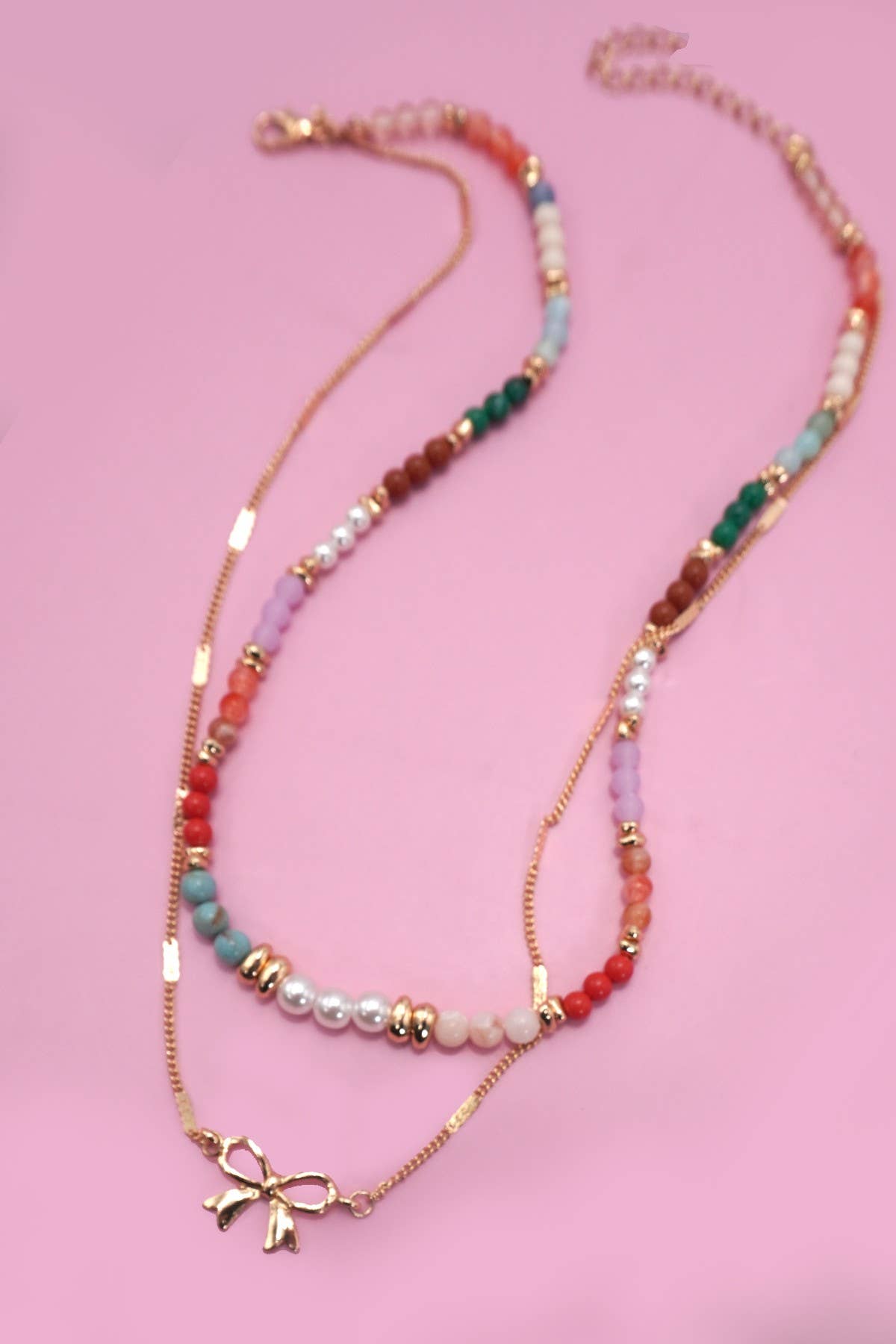 MULTI BEADED BOW CHARM DOUBLE LAYER NECKLACE |