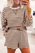 Stripe Long Sleeve Pullover Elastic Waist Shorts Set (S-XL)