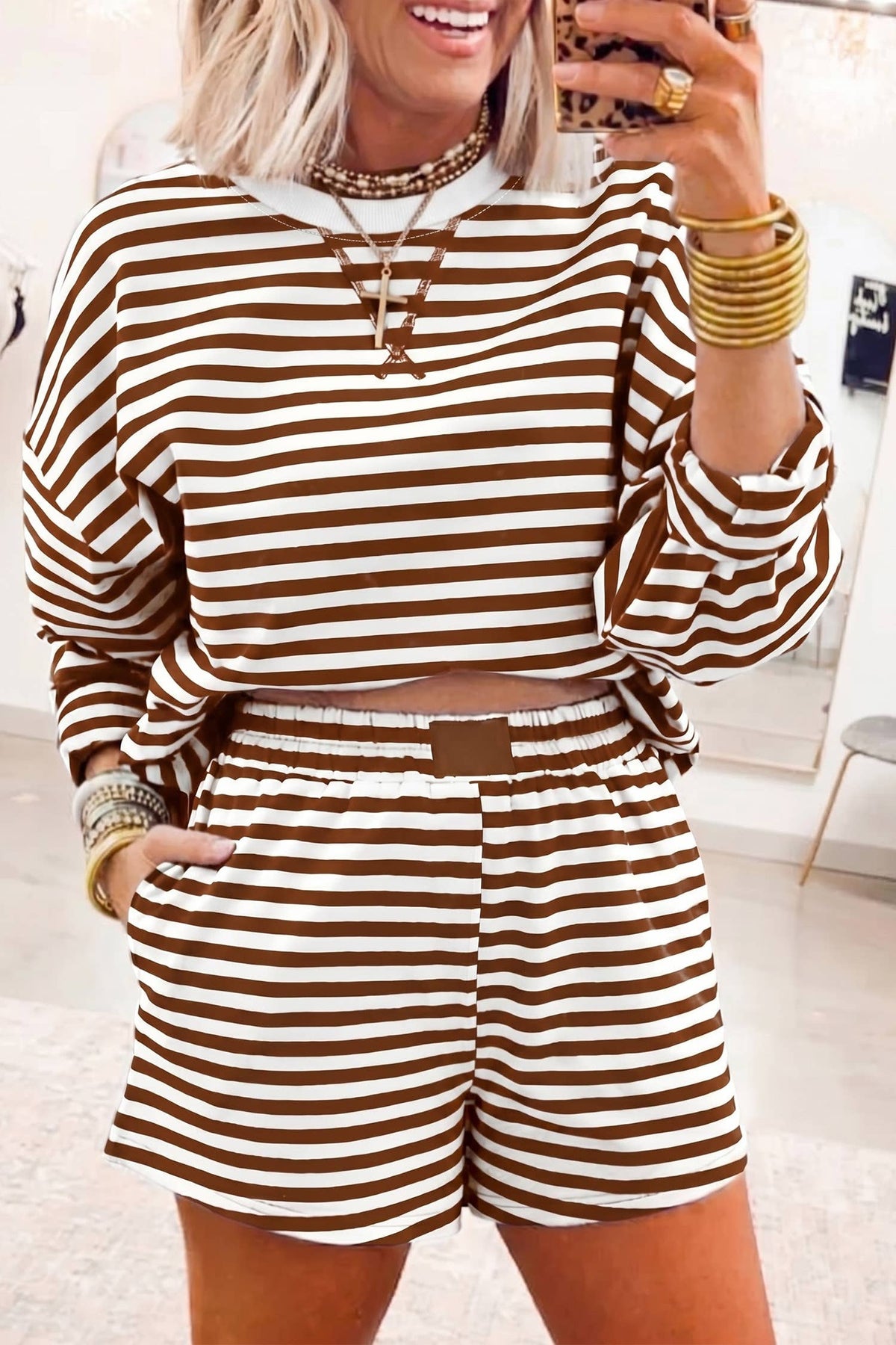 Stripe Long Sleeve Pullover Elastic Waist Shorts Set (S-XL)