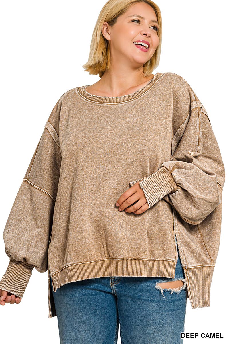 Plus Acid Washed Batwing Sleeve Hi Low Fleece Sweatshirt