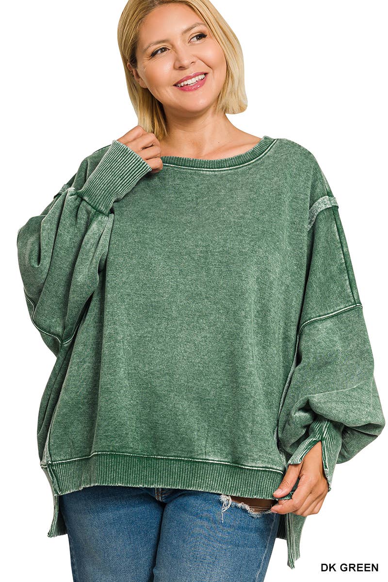 Plus Acid Washed Batwing Sleeve Hi Low Fleece Sweatshirt