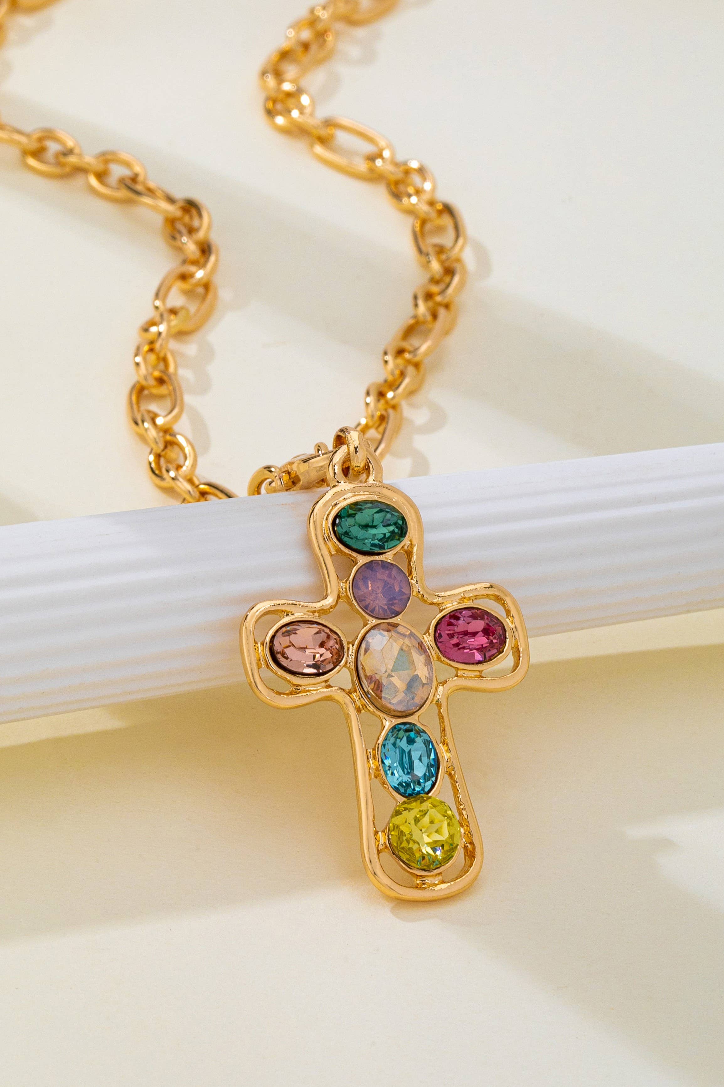 Multi-Colored Crystal Cross Necklace