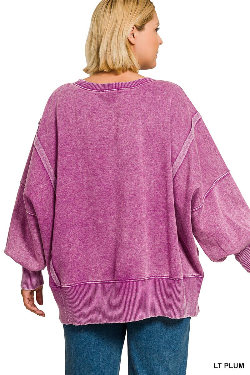 Plus Acid Washed Batwing Sleeve Hi Low Fleece Sweatshirt