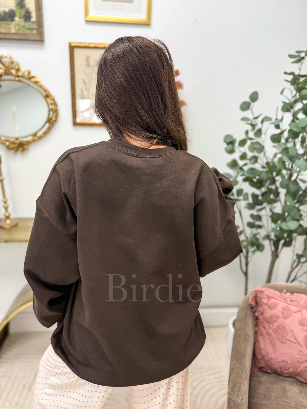 Vanilla Latte Dot Cozy SZN Split Neck Crewneck on Dark Choc