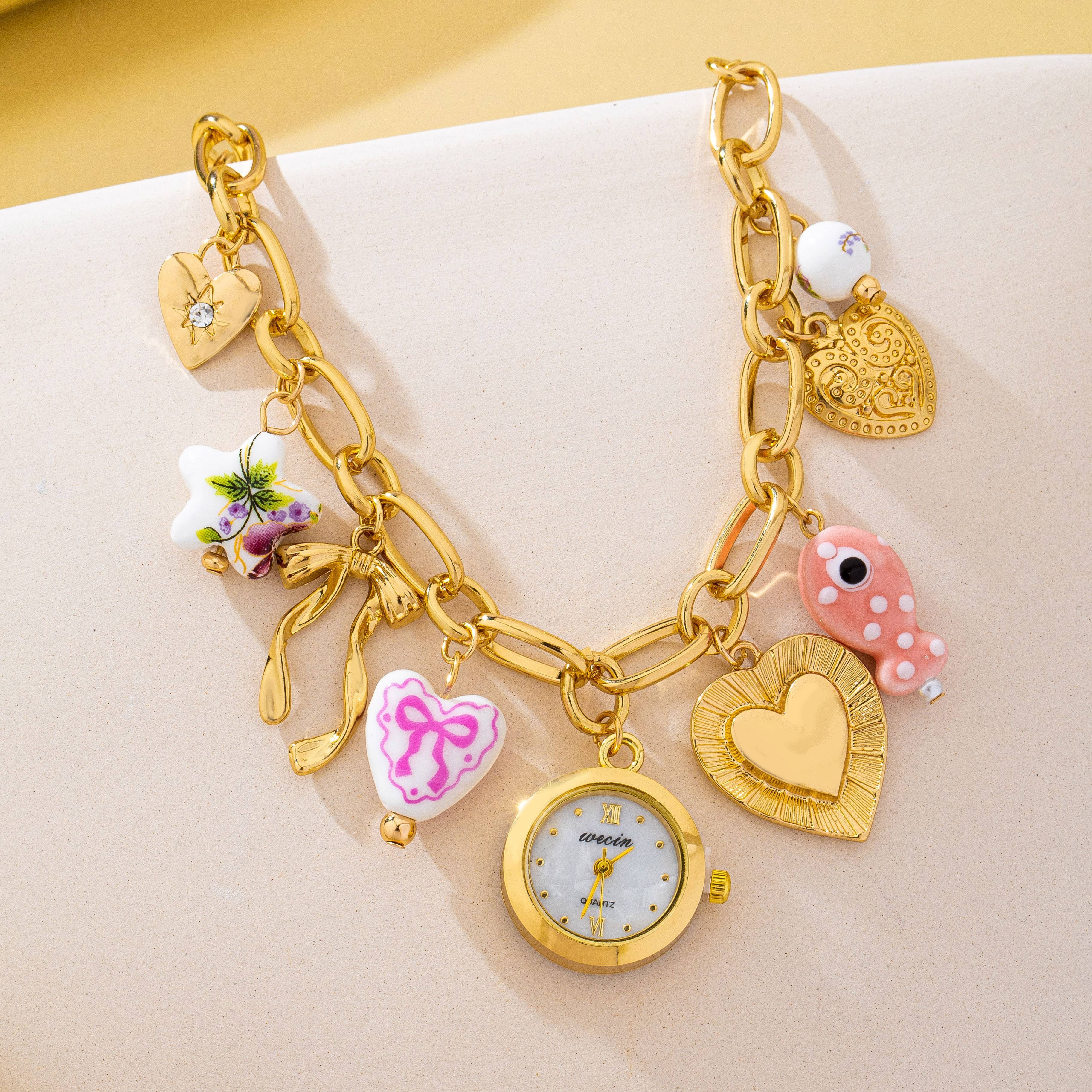 Vintage Pink Polka Dot Charm Watch Bracelet