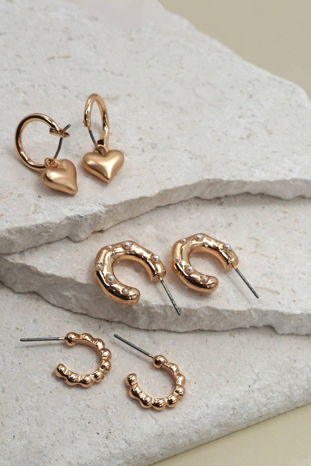HEART DROP PEARL STUDED HOOP TRIO EARRINGS