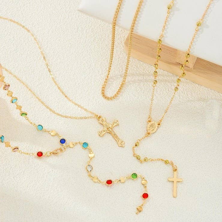 Boho Multi Stone Cross Lariat Necklace