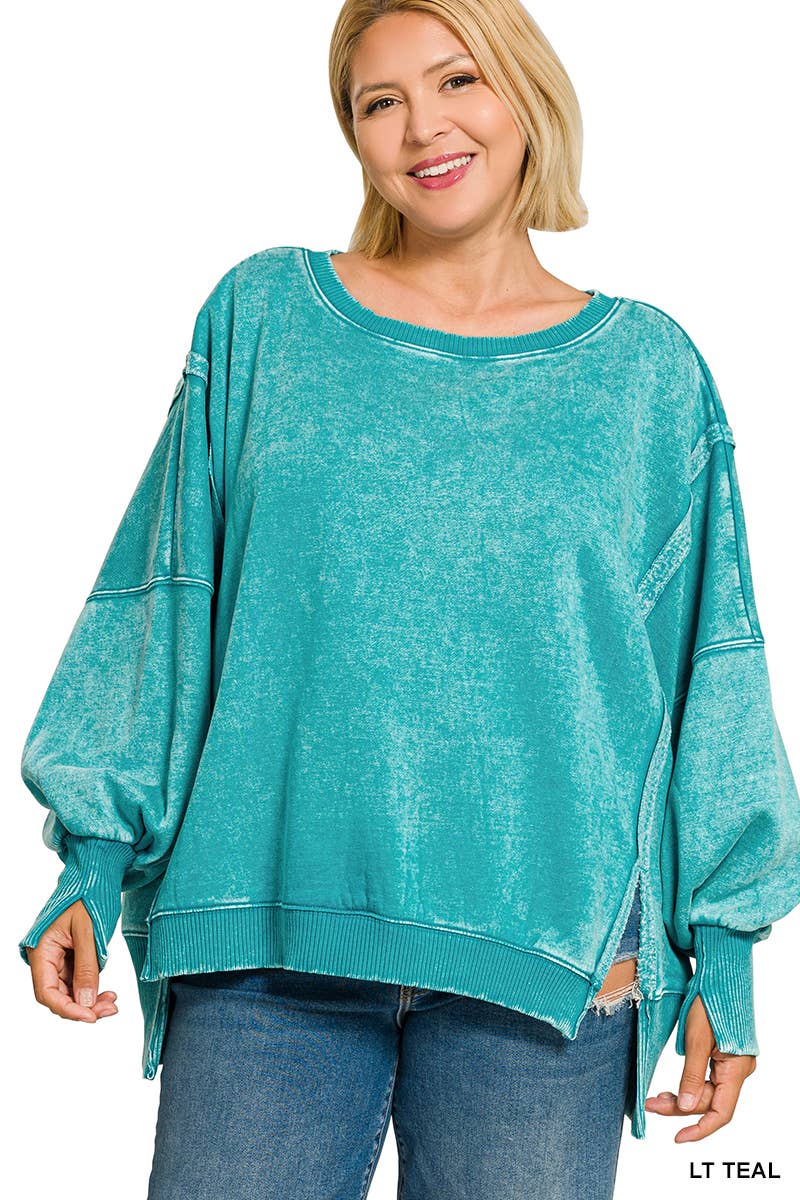 Plus Acid Washed Batwing Sleeve Hi Low Fleece Sweatshirt